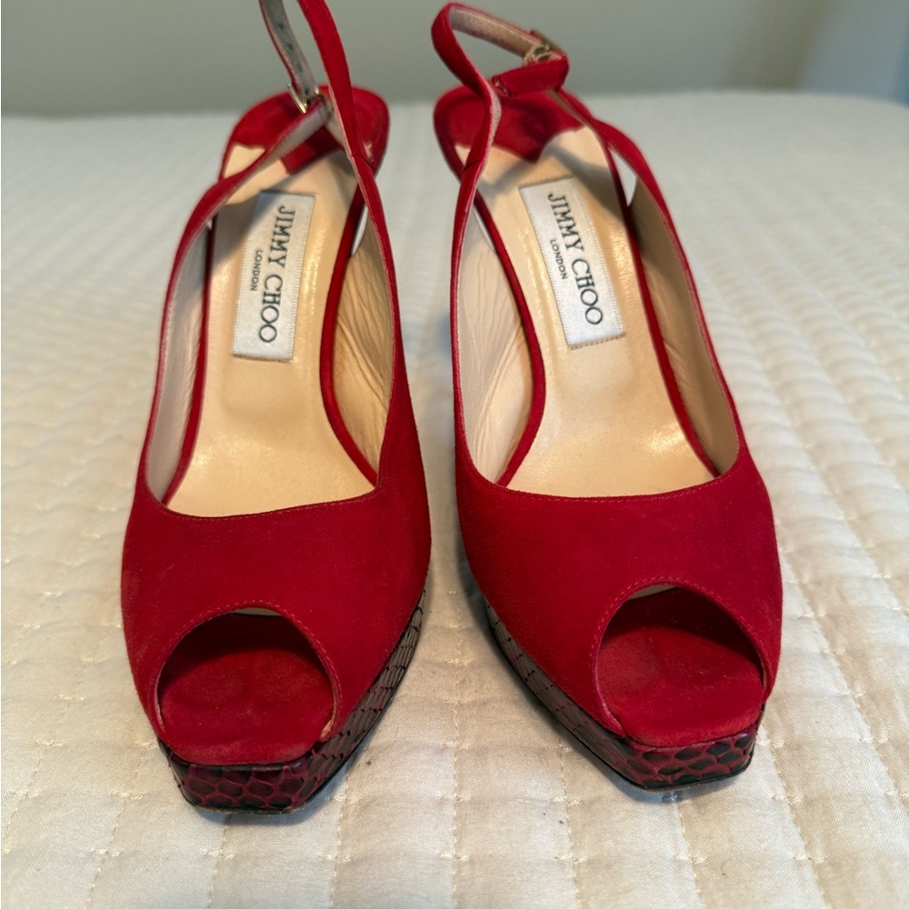 Jimmy Choo suede sling back with snack skin heels. Lightly worn like new